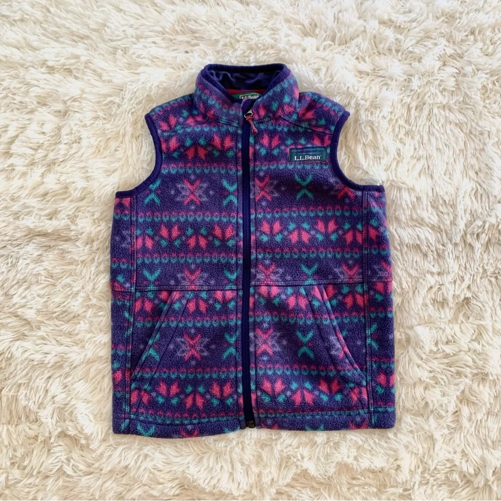 L.L. Bean Girls' Purple Patterned Fleece Vest Size M- 5/6